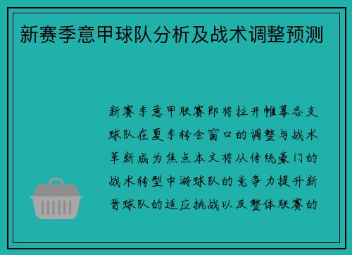 新赛季意甲球队分析及战术调整预测